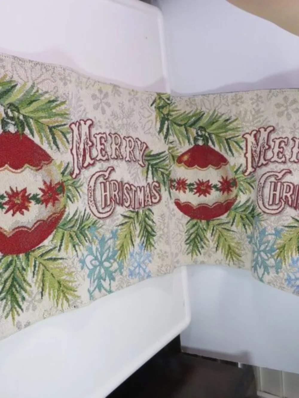 Merry Christmas Tapestry Table Runner - Red Poinsettia Ornaments Shimmer 67x13